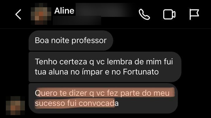 Mensagem da Aline, ex-aluna que foi convocada