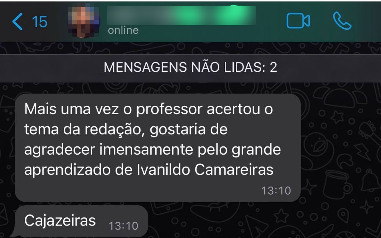 Mensagem de aluno agradecendo: o professor acertou o tema da redacao