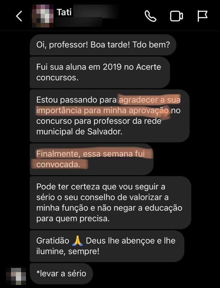 Mensagem da Tati, ex-aluna aprovada e convocada no concurso para professor da rede municipal de Salvador